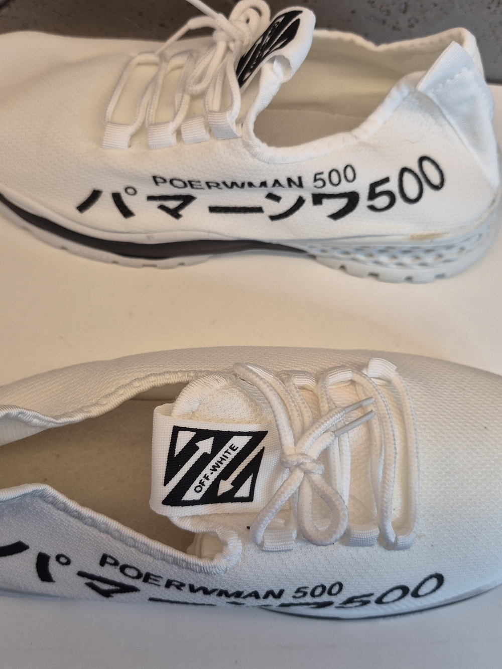 Off-White Style White POERMAN 500 Sneakers with Black Script. 41 (Men 8/Women l0